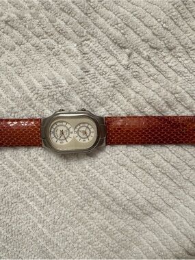 Philip Stein Dual-Window Stainless Back Watch with Red-Brown Leather Strap